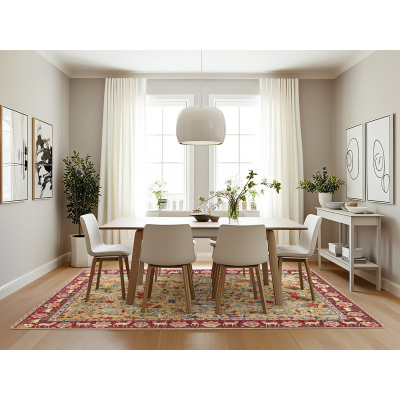 Tapis rouge / beige à motif floral, Rectangle 7 pi x 10 pi