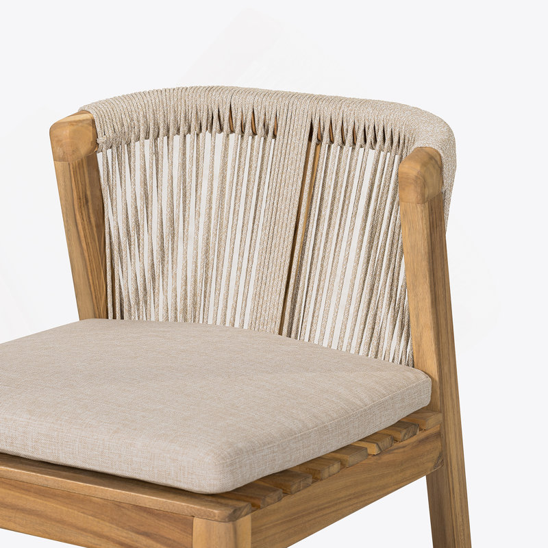 Tabouret d'extérieur en bois de teck avec coussin beige, ensemble de 2