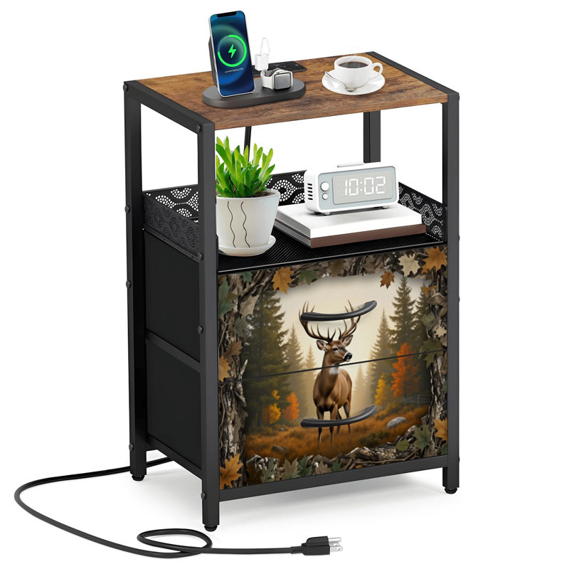 Table de chevet 2 tiroirs en tissu avec station de charge Majestic Buck Deer Fall Forest Autumn Leaves