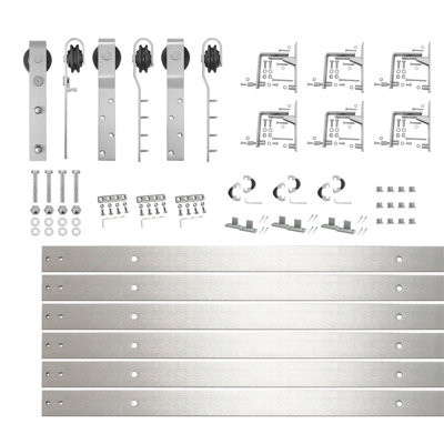 Ensemble de quincaillerie de porte de grange coulissante à triple rail en nickel brossé (pour épaisseur de porte de 1-1 / 4 po à 1-3 / 8 po), trois rails plats de 9 pieds de long, pour trois portes intérieures (portes non incluses)