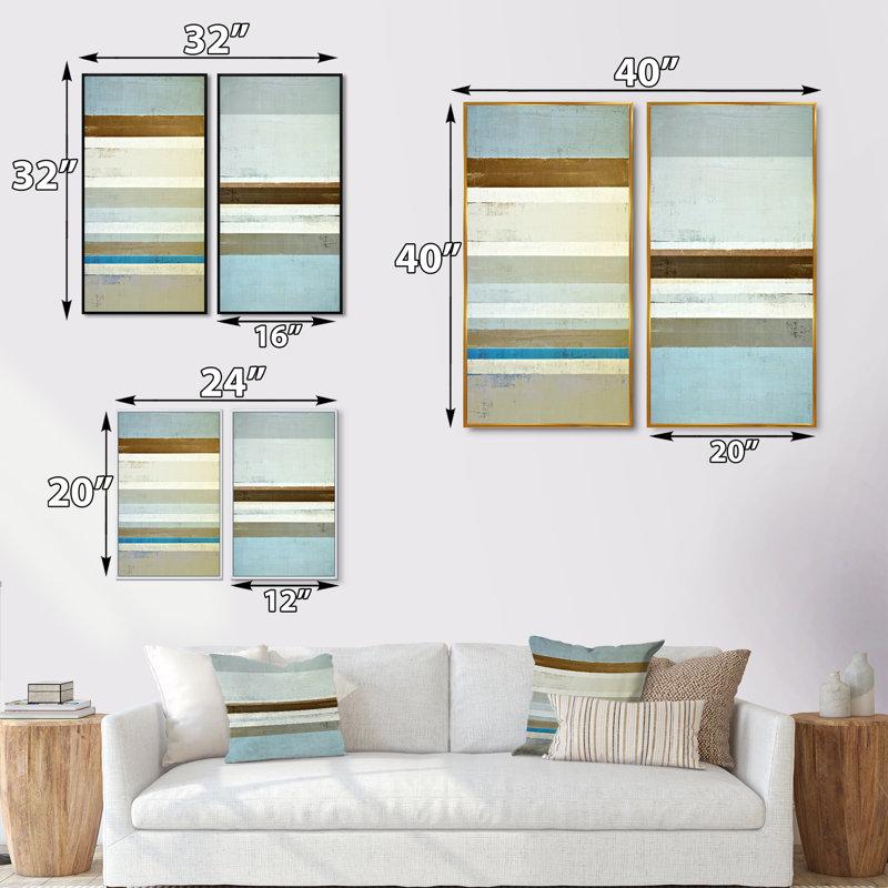 «Teal Meets Beige Abstract Stripes II», ensemble de 2 impressions sur toile, H 20 po x l 24 po x P 1 po, Cadre flottant doré