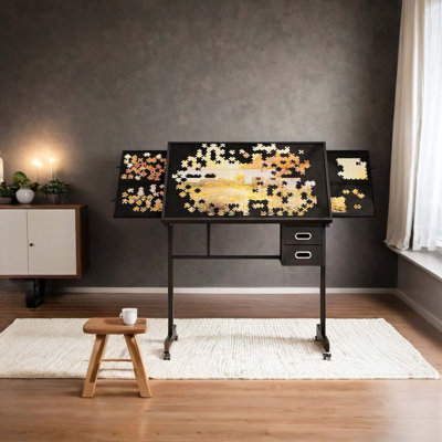 Table 1000 pièces en métal avec plateau, 4 plateaux, 2 tiroirs, noir