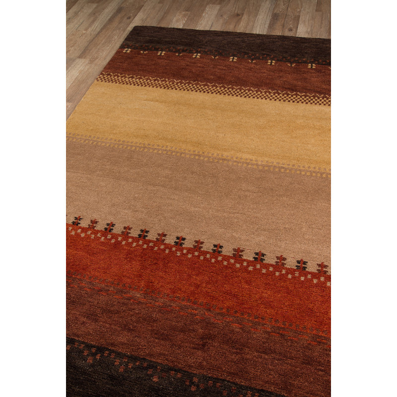 Tapis brun / jaune / orange en laine noué à la main Havsa, Rectangle 7 pi 6 po x 9 pi 6 po