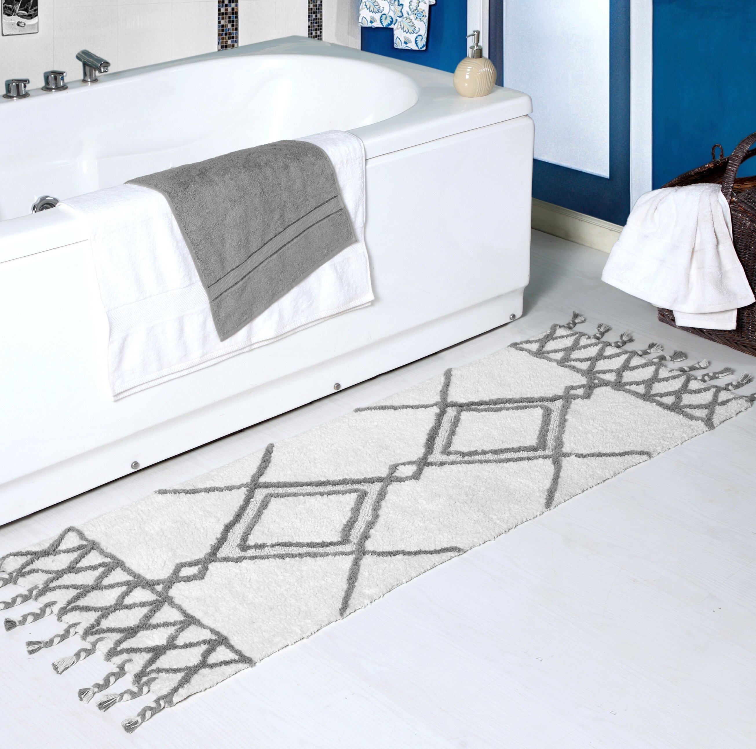 Etta Avenue Long Trellis Rectangular 100% Cotton Non-Slip Geometric Bath Rug Color: Silver