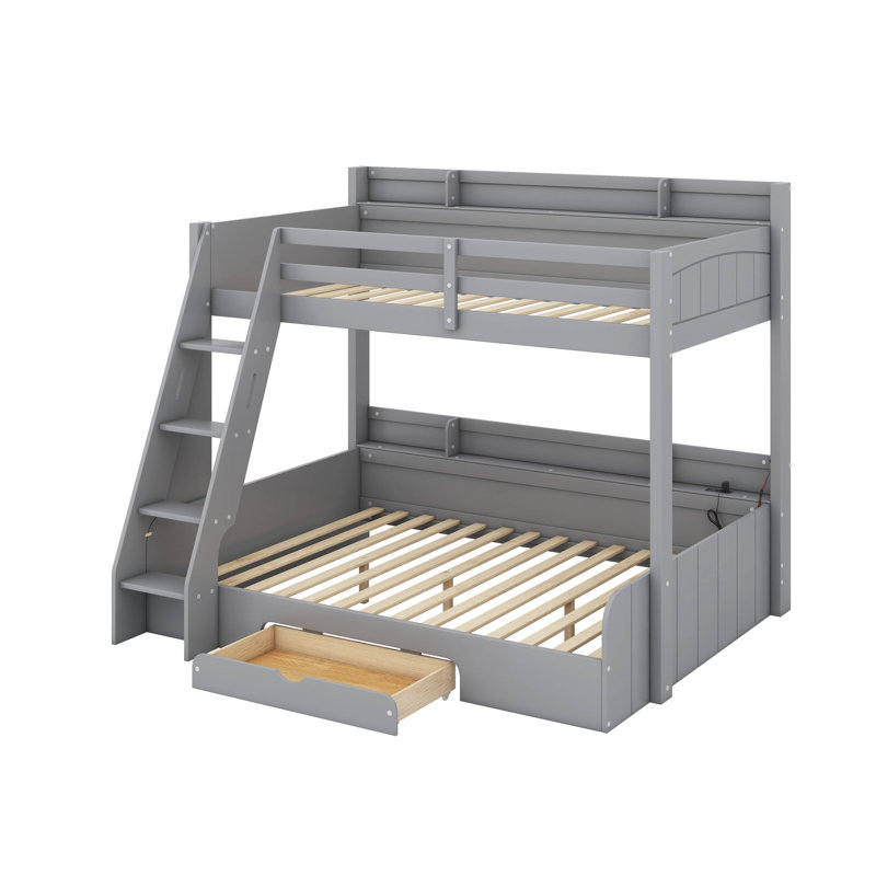 Twin Over Full Bunk Bed With Charging Station And A Drawer, Gray