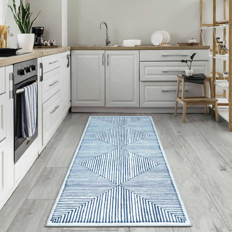  Washable Non-Slip Rug - Blue / Ivory Striped Area Rug for Living Room, Bedroom, Dining Room, and Kitchen, Runner 2'6" x 7'
