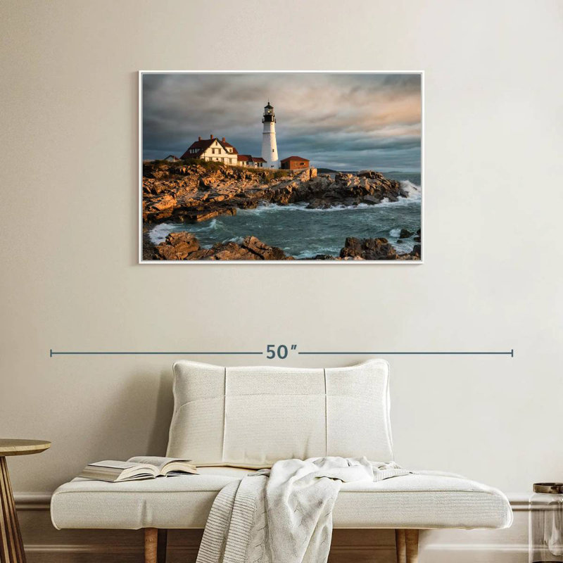 Phare de Portland Head, Maine, au lever du soleil, 37 po x 25 po, Cadre flottant blanc