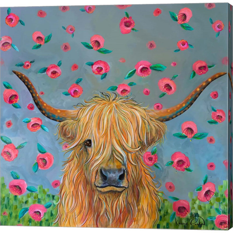 «Highland Cow with Flowers» par Karrie Evenson - impression sur toile tendue