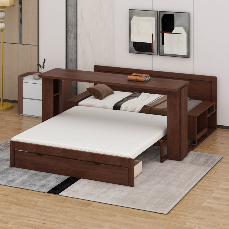 Lit de jour extensible avec bureau amovible et table d'appoint hydraulique, canapé multifonctionnel 4-en-1 Be, Grand
