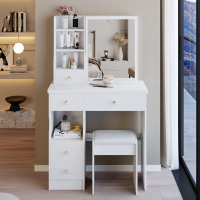 American Style 50.4" Tall White Vanity Table With Left Drawer, Right Sliding Mirror, Multi - Layer Storage And Cushioned Stool For Small Spaces 29.2" Long Bedrooms