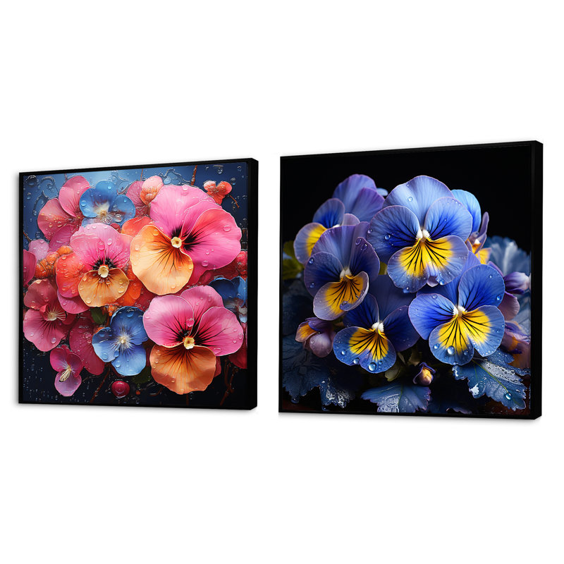 Neon Tropical Fantasy Pansys - Ensemble de 2 collages carrés, Cadre flottant noir, H 16 po x l 33 po