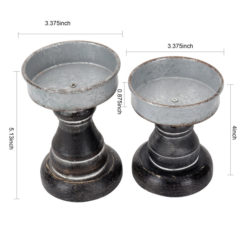 2 Pack Decorative Candle Holders Pedestal Rustic Wood with Galvanized Plate, Gray/Black