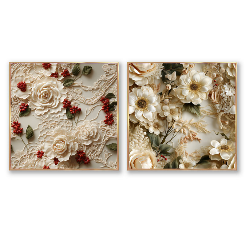 Voile de dentelle floral rouge et blanc intemporel - ensemble de collage carré floral, Cadre flottant doré, H 36 po x l 73 po