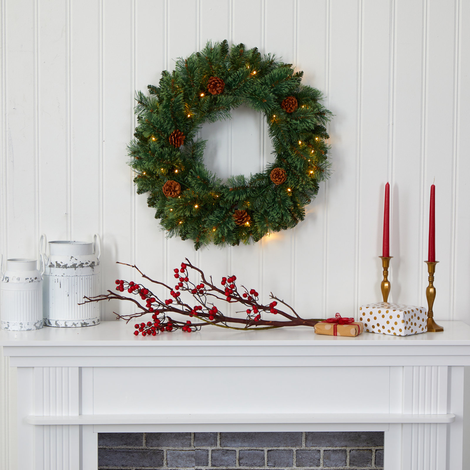 24'' Faux Pine Lighted Wreath