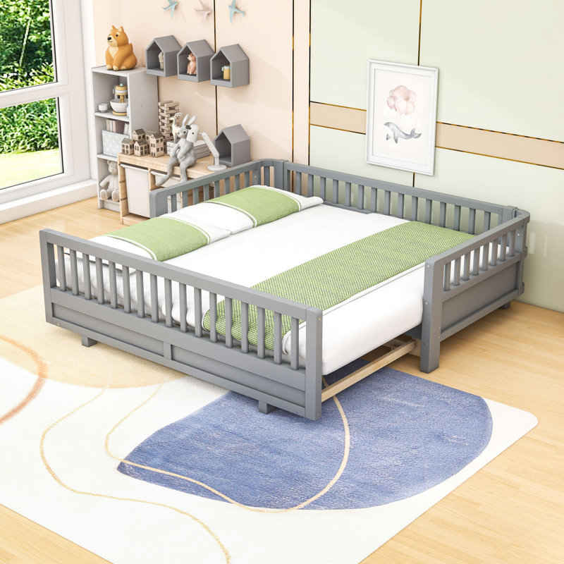 Lit plateforme extensible en bois avec garde-corps et lattes, Gris, Simple