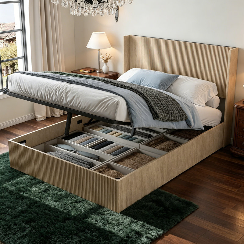 Lift-Storage Platform Bed With Gas Lift, Wooden Slatted Frame, Rustic Brown Finish, No Box Spring Required, Noise-Free, Natural Wood Texture