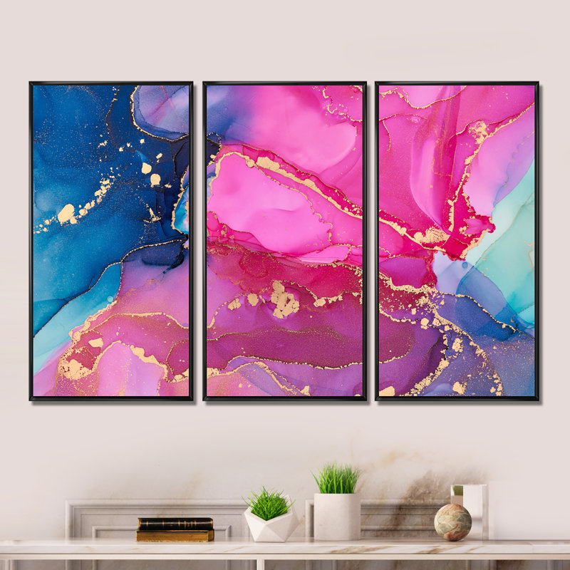 Mauve et rose, art abstrait fluide de luxe - 3 pièces, cadre flottant, impression sur toile, L 36 po x H 28 po, Cadre noir