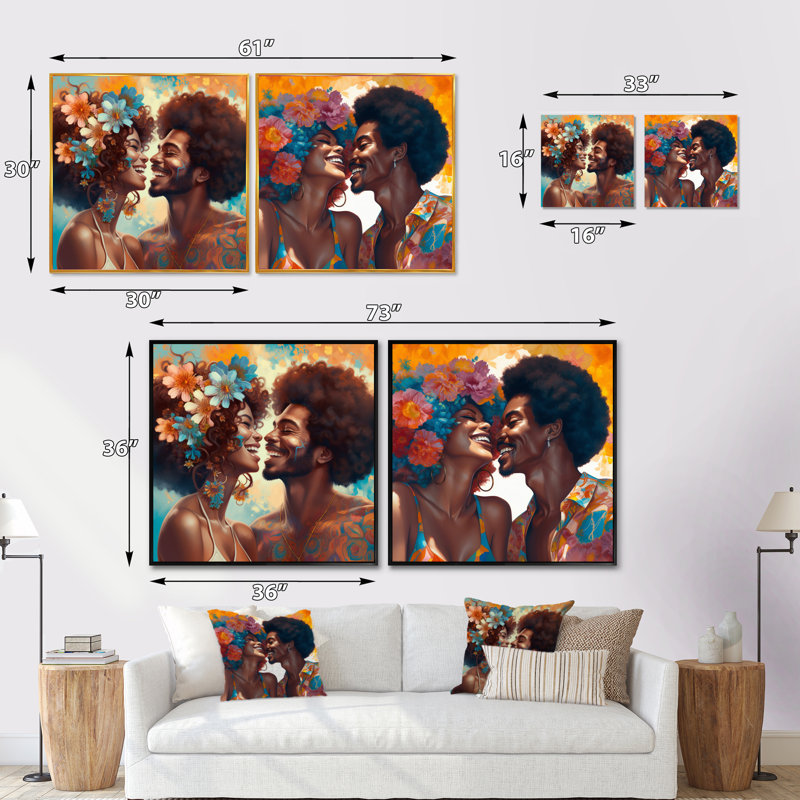 Beautiful Black Couple In Love - Ensemble de 2 collages romantiques carrés, Toile tendue, H 16 po x l 33 po