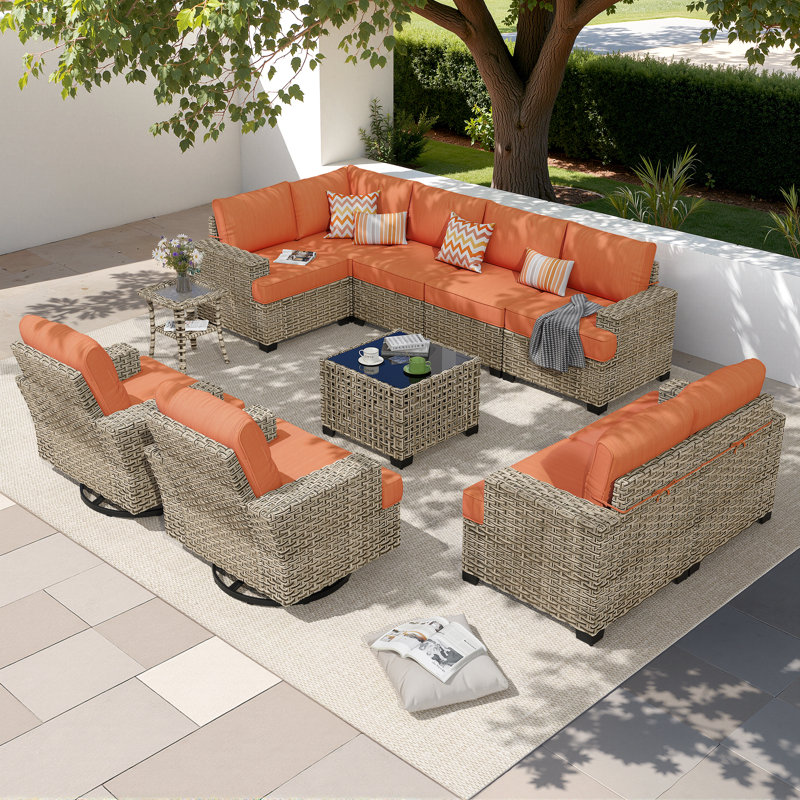 Tommy Outdoor Wicker 9 Person Seating Group With Cushions, Orange Red