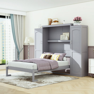 Murphy Bed With Solid Wood Frame, Murphy Bed Cabinet With 2 Wardrobes And Storage Shelves