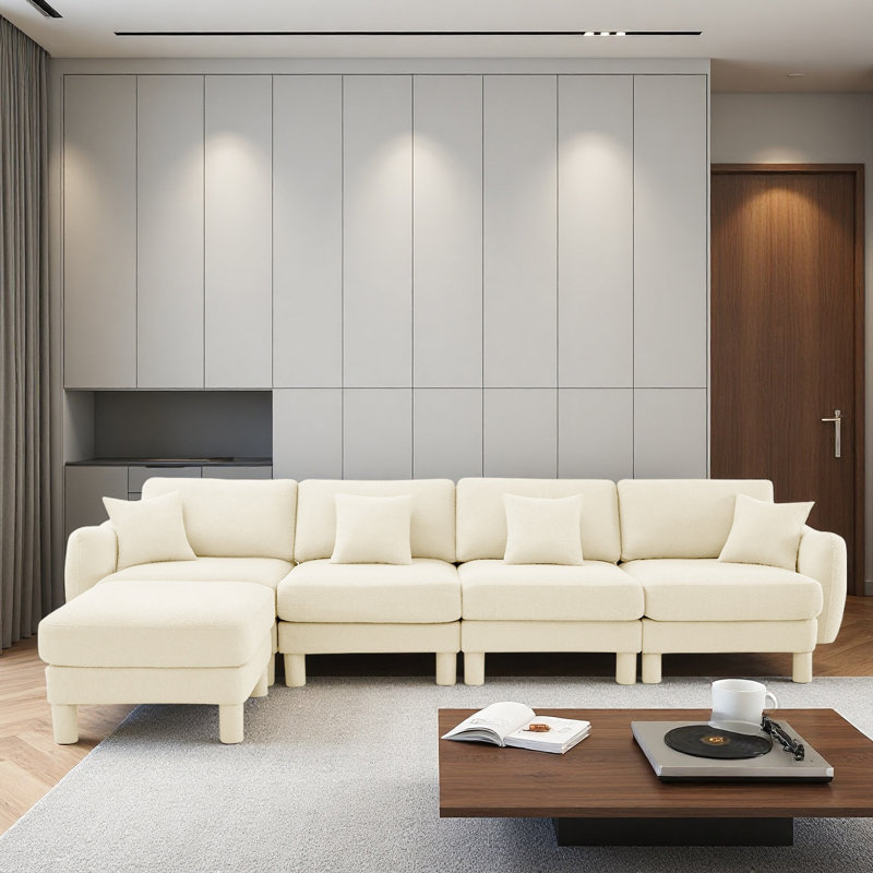 Boucle Fabric Convertible L Shape Sectional 4-Seater Sofa Couch With Distinctive Shell-Shaped Armrests And Removable Ottoman