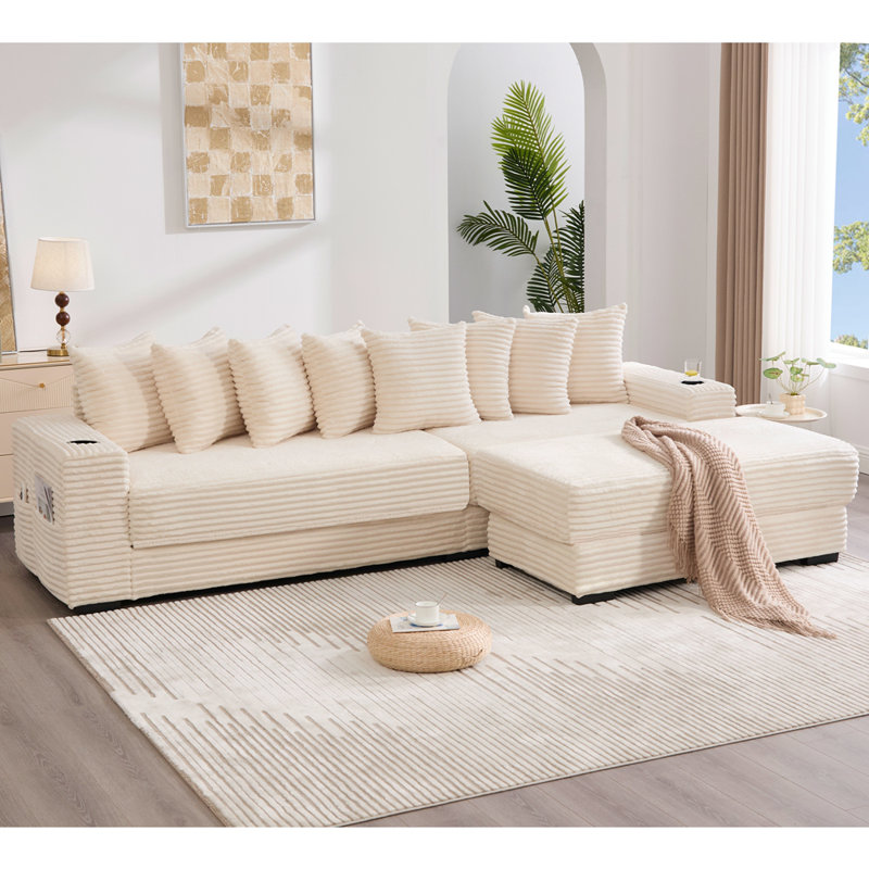 Canapé modulaire en L 110,75 po, canapé modulaire en velours côtelé, avec repose-pieds mobile, porte-gobelets, 8 coussins décoratifs, poche latérale, déplier dans un lit