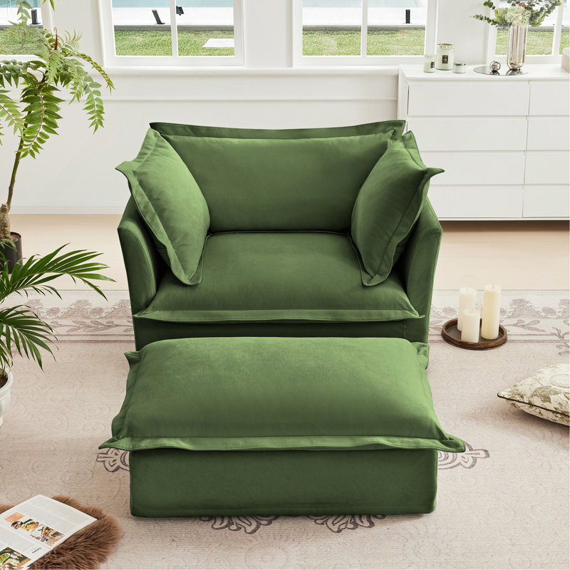 Fauteuil rembourré avec housse avec repose-pieds, Chenille - Vert