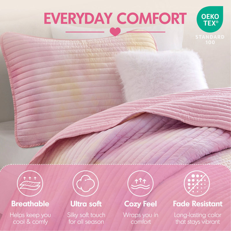 Ensemble de courtepointe 3 pièces 3 pièces, Twin Quilt + 2 Additional Pieces, Pink