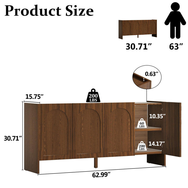 63" Arched Sideboard Cabinet with 4 Doors, Solid Wood Veneer Storage Credenza with Adjustable Shelves for Dining Room or Entryway , Walnut