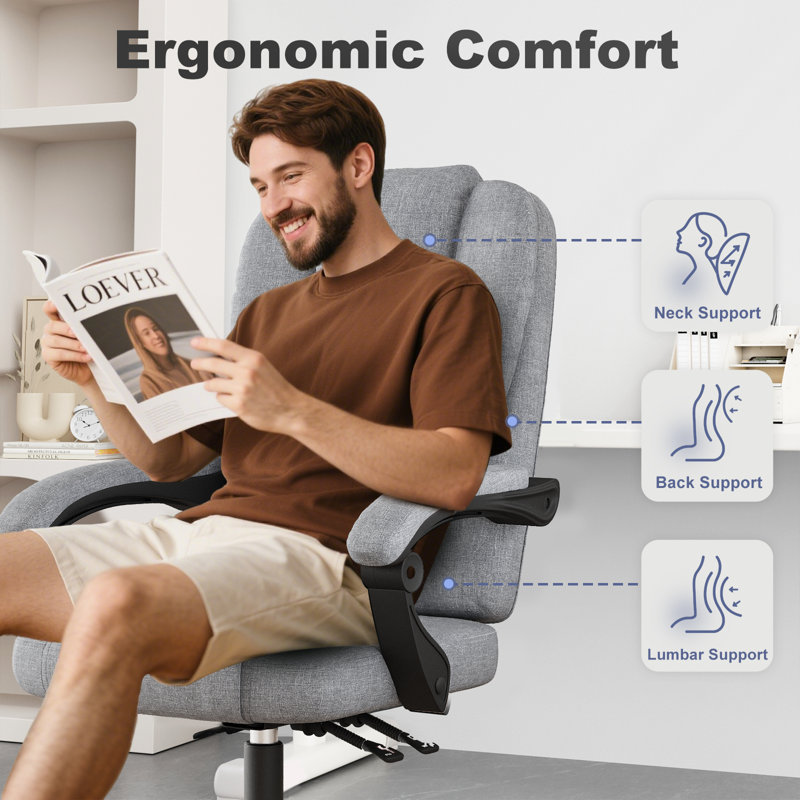 Ergonomic Mid-Back Swivel Office Chair, Executive Chair with Adjustable Lumbar Support, Soft Padded Armrests, Light Grey