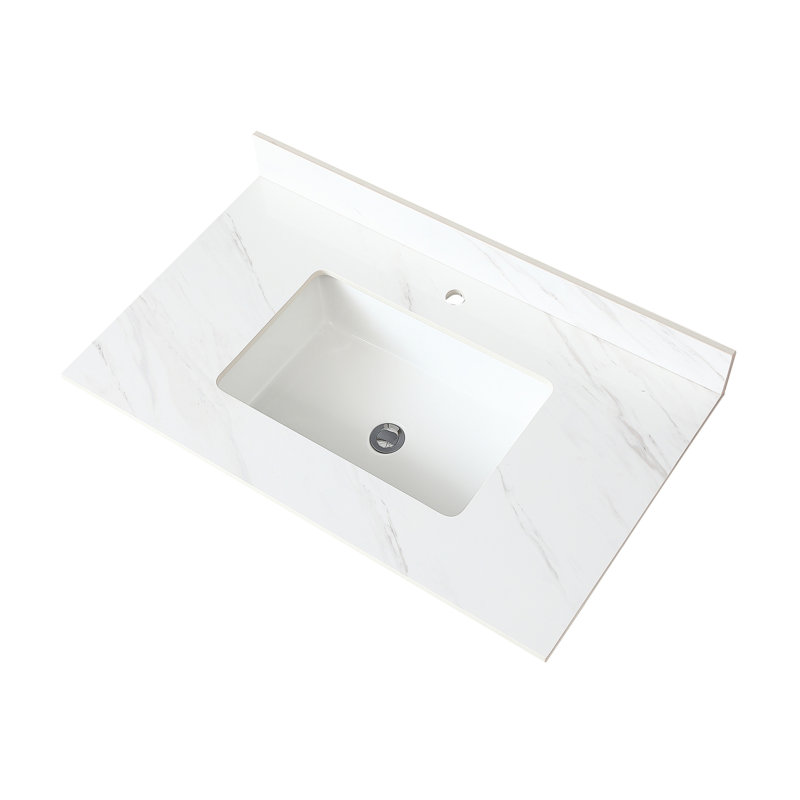 Plateau de meuble-lavabo blanc en pierre frittée de 37 po avec dosseret de 4 po et trou de robinet pour lavabo rectangulaire de 4 po