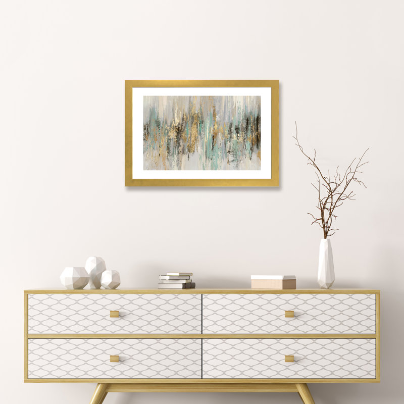 «Dripping Gold I» par Tom Reeves - reproduction imprimée, H 24 po x l 32 po, Papier dans un cadre photo, Doré