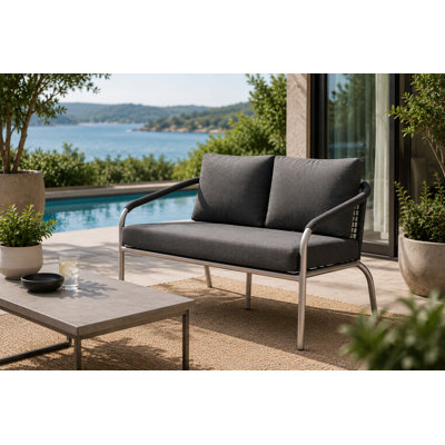 Causeuse d'extérieur avec coussins Catlin - Mobilier de patio avec cadre en aluminium et détails en corde