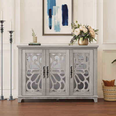 Buffet de comptoir spacieux avec 3 portes en miroir et des tablettes réglables, parfait pour le rangement et la présentation dans le salon, la chambre à coucher, la salle à manger, la cuisine et le vestibule.
