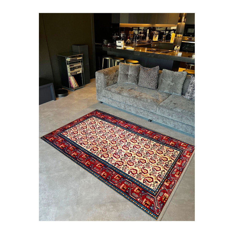Tapis beige lavable à motifs traditionnels tissés