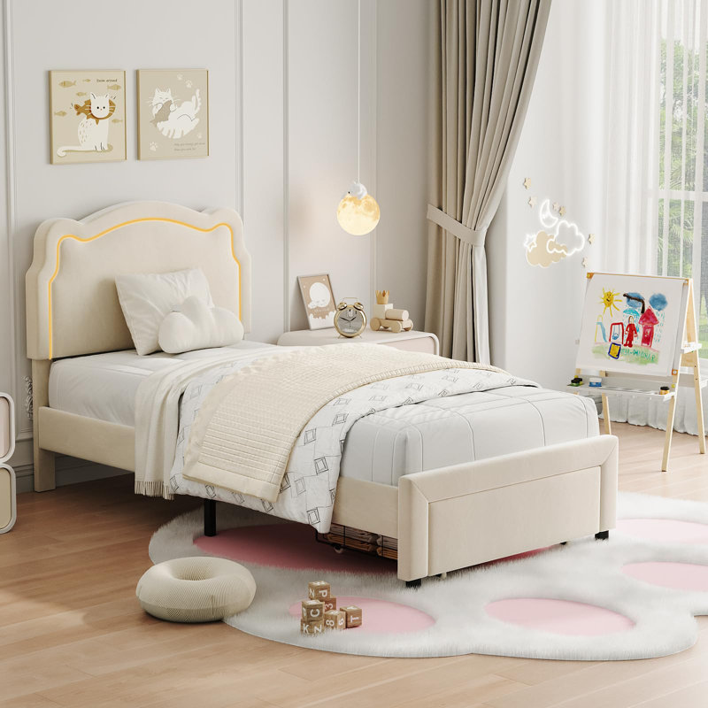 Structure de lit simple tapissier à DEL avec tête de lit et lattes en bois pour enfants, Beige