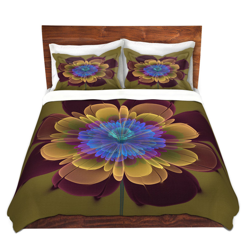 Ensemble de housse de couette de fleurs ghost, 1 housse + 2 taies très grand lit, Bleu / Mauve / Jaune