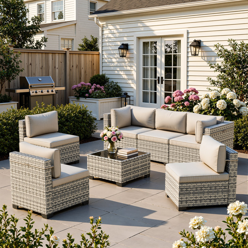 7-Piece Outdoor Sectional Sofa Set With HDPE Wicker, Cushions & Coffee Table, Modular Patio Conversation Set, Taupe