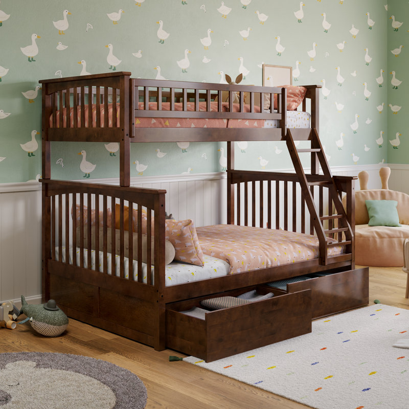 Lit superposé en bois massif avec tiroirs de rangement Flinn, Twin over Full, Walnut