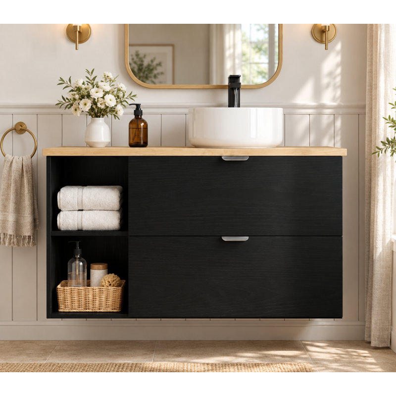 Meuble-lavabo suspendu de 79 cm avec lavabo, meuble-lavabo simple mural avec 2 tiroirs et tablettes ouvertes, Black