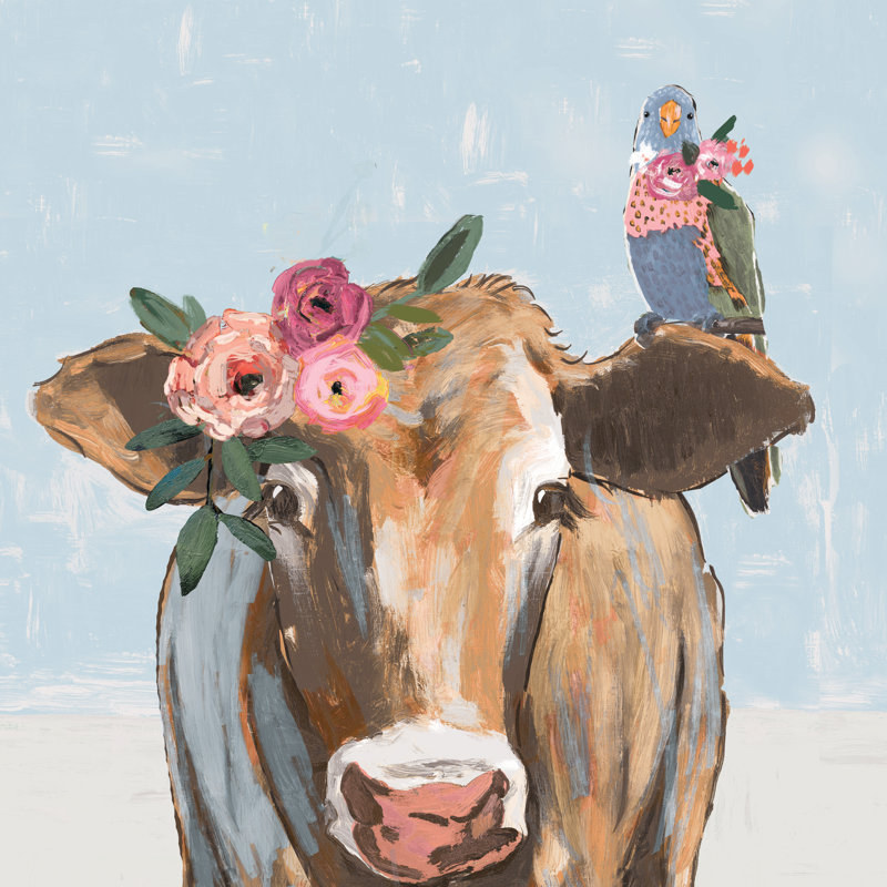 Floral Cow And Bird Blue - Wrapped Canvas Painting, 30cm H x 30cm W x 3.8cm D