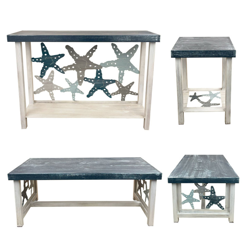 ENSEMBLE DE TABLE NAUTICAL  1 table de canapé rectangulaire, 1 table basse rectangulaire, 2 tables de bout carrées en fer