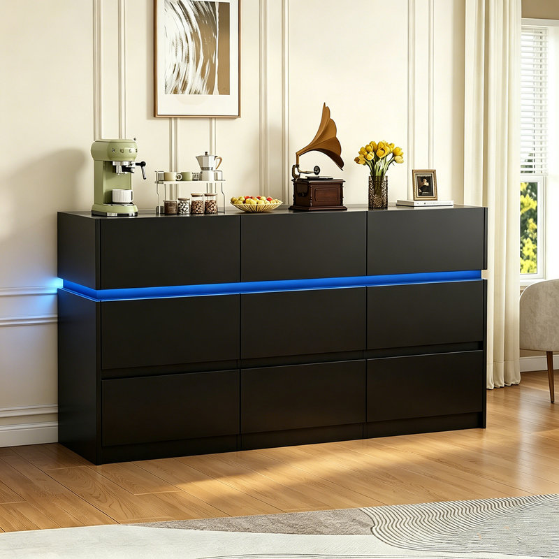 Commode 9 tiroirs avec lumières DEL et station de charge, Noir, noir, noir, noir