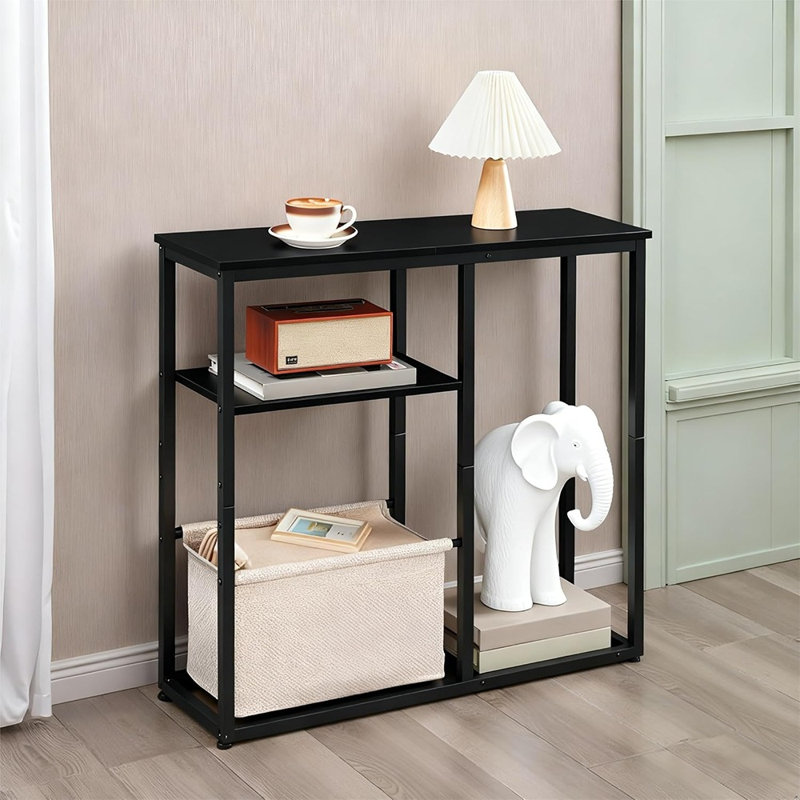 Console étroite avec panier de rangement, petite table d'entrée de 29,5 po avec tablettes de rangement à 3 niveaux, table de canapé derrière le canapé, table de couloir pour le salon, noir et beige