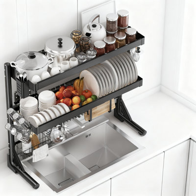 Séchoir à vaisselle au-dessus de l'évier Organisateur de cuisine à 3 niveaux en acier inoxydable avec accessoires de rangement pour ustensiles