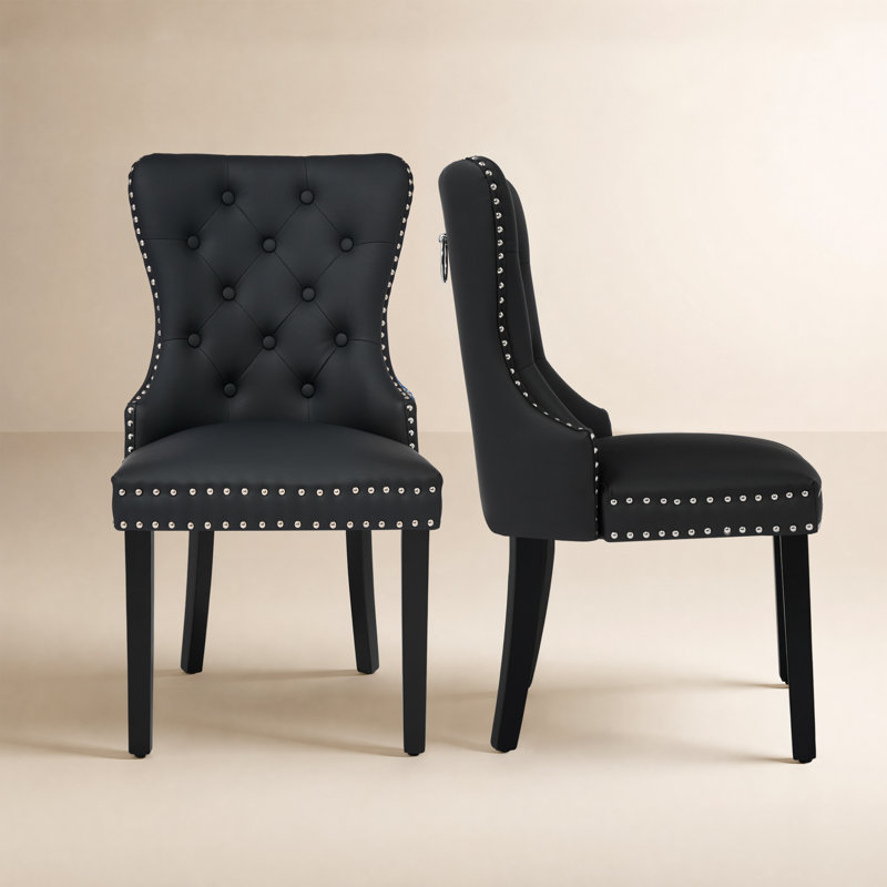 Tufted Upholstered Leather Dining Parsons Chairs, Black
