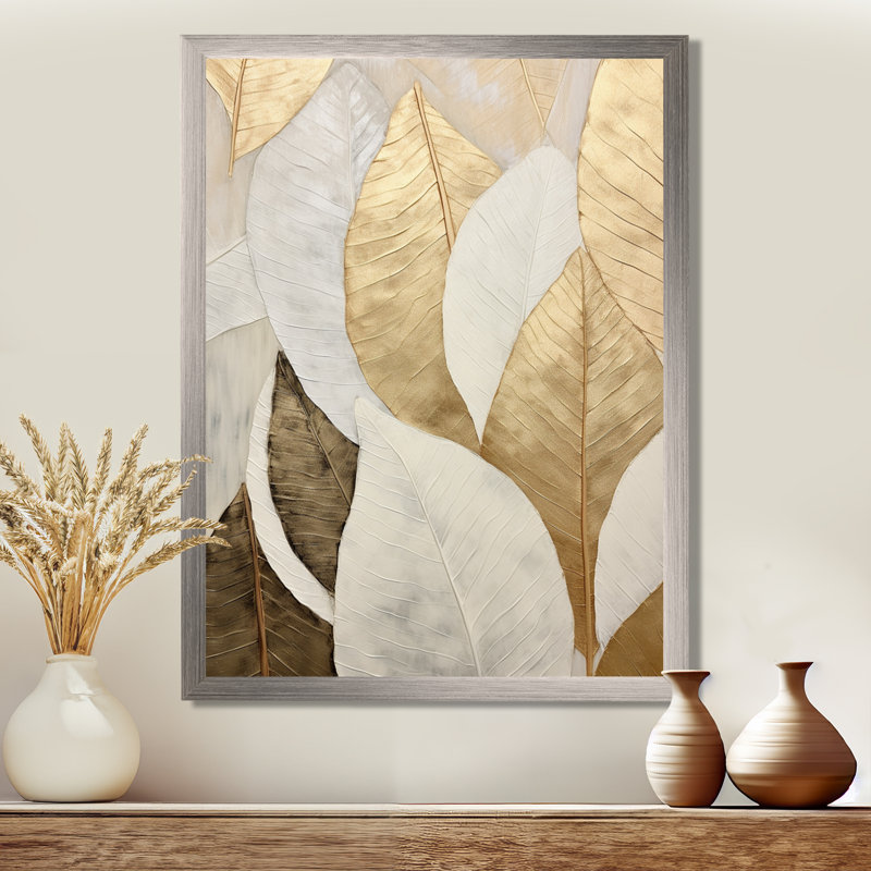 Gold Minimalism Leaves Collage III - Print, 40" H x 30" W x 1.5" D, Silver Single Picture Framed