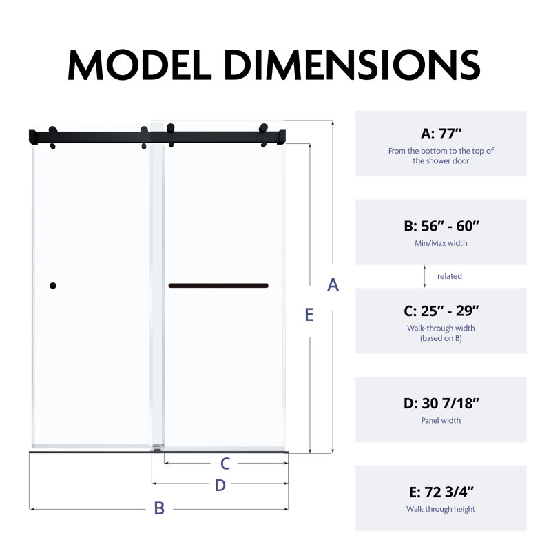 56" - 60" W x 77" H Frameless Double Sliding Tempered Clear Glass Shower Door |3/8" (10 mm) Thickened Tempered Glass | Easy Clean Coating | Stainless Steel Hardware | Leak-Resistant Water Seal