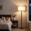 Lampe sur pied sculpturale 62 po en bois massif avec perle en bois empilée, abat-jour tambour en lin 18 po, finition noyer et interrupteur au pied-1740705699