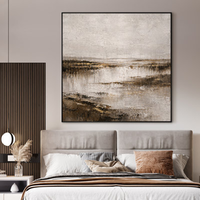 Extra Large Wall Art Fabric Print - Modern Geometric Abstract Composition with Soft Beige Blocks and Flowing Line Elements for Living Room or Bedroom - "Frame Assembly Required (Unfinished Frame)"